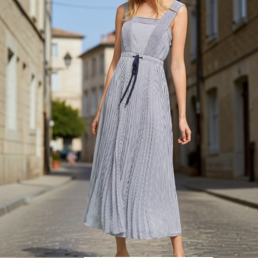 Maeve Anthropologie Pleated Maxi Dress Womens Size 10 Blue White Stripe Coastal